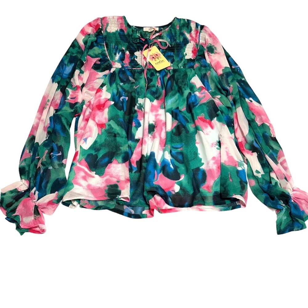 Entro Women Floral Smocked Long Sleeve Blouse Green Pink Blue T20199 Size Small
